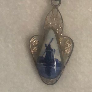Antique Silver and Stone Delph painted pendant and necklace